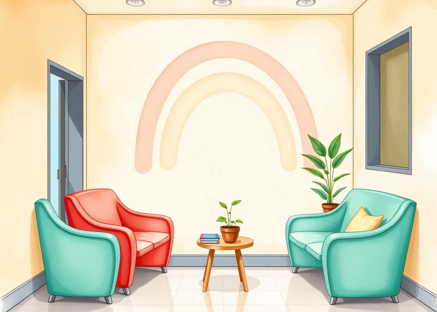 Warm illustration of The Rainbow Clinic's waiting area